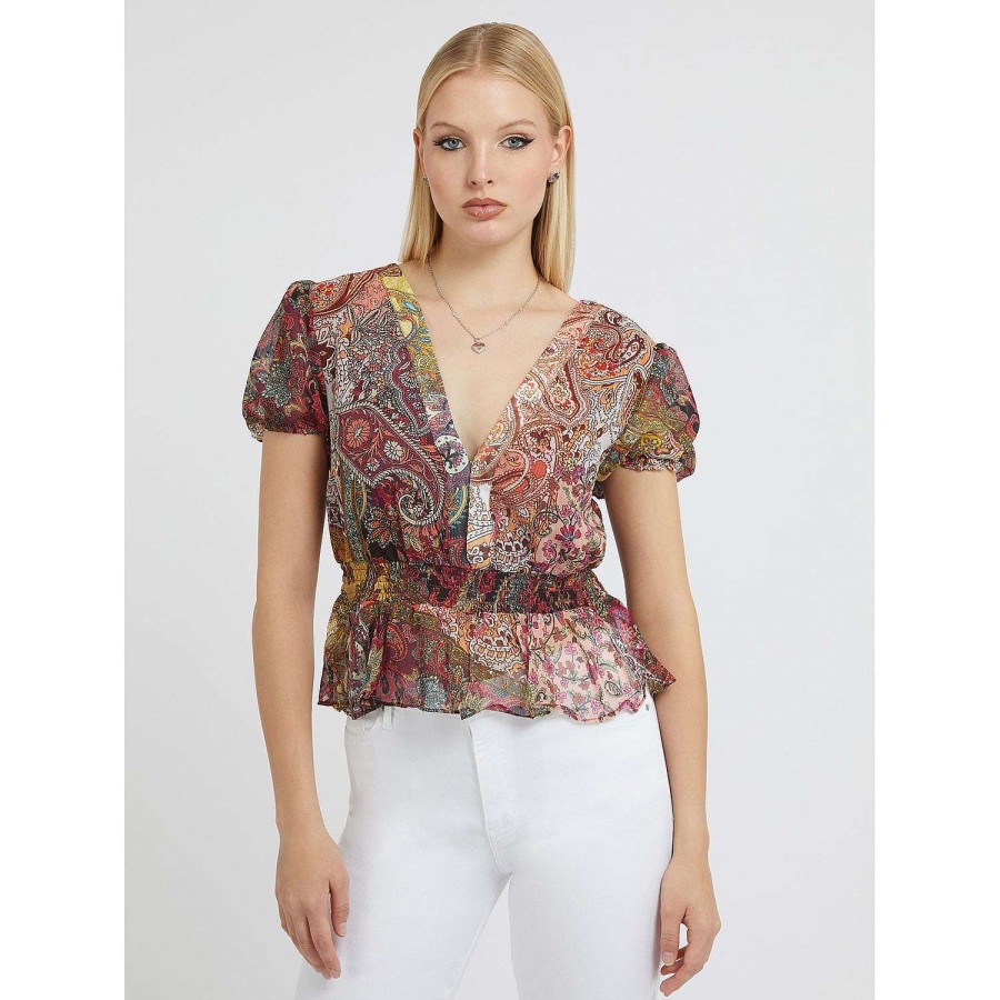 Guess Top Ss. Lila Con Motivo Cachemire Stampa Campi Paisley Best