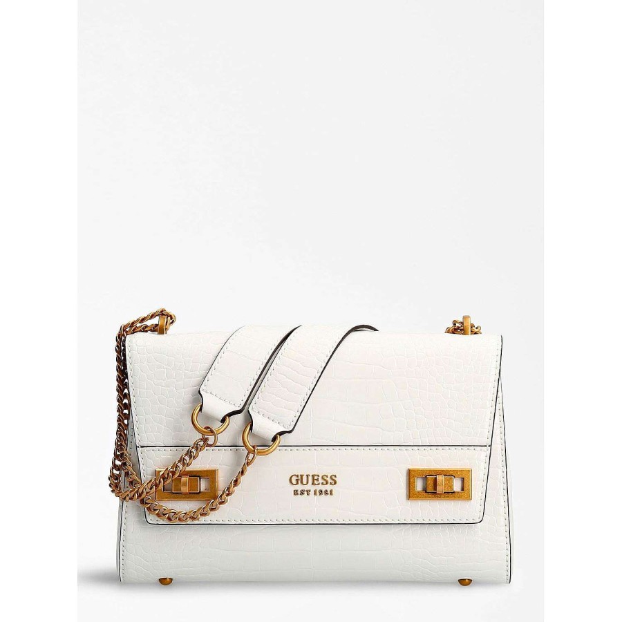 Guess Borsa A Tracolla Katey Con Patta In Coccodrillo Bianco New