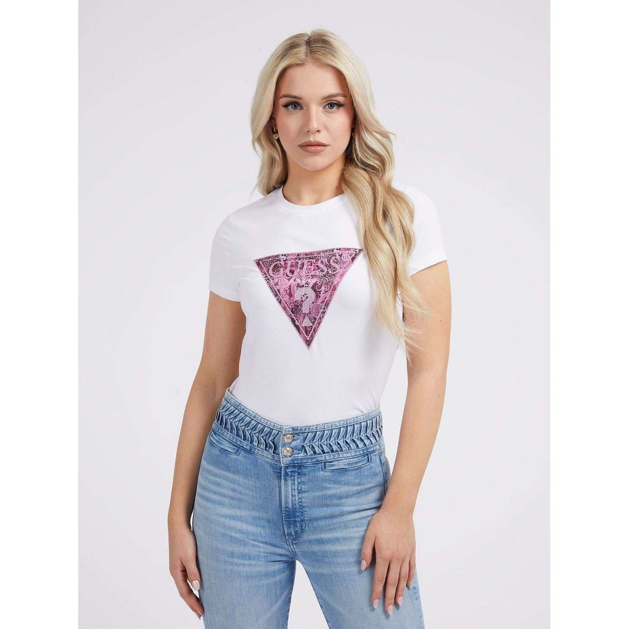 Guess T-Shirt Con Logo Triangolo Strass Wholesale