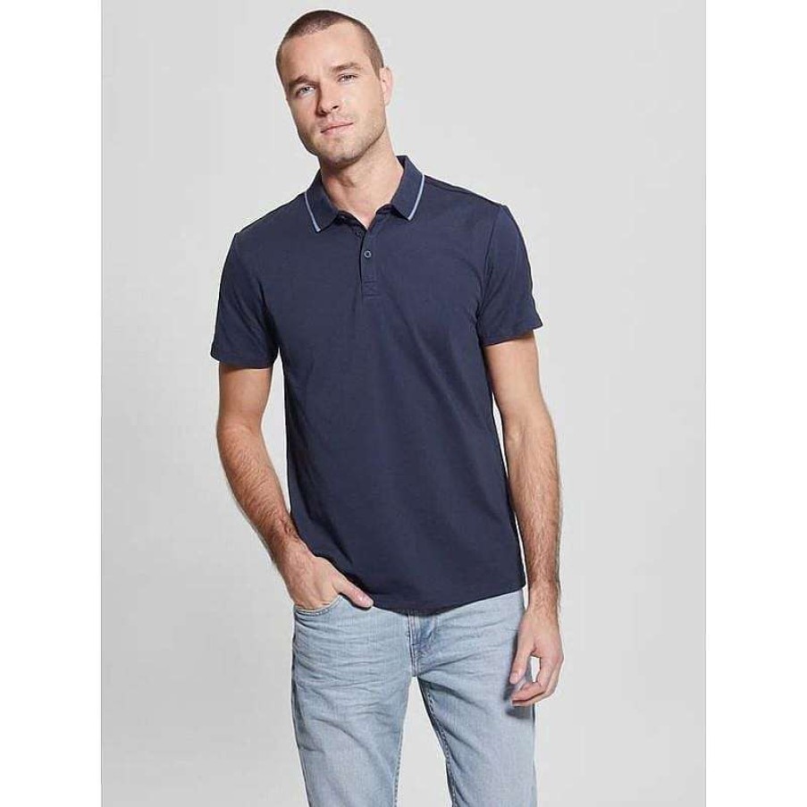 Guess Polo Ss Paul Con Nastro In Pique Blu Seta Hot